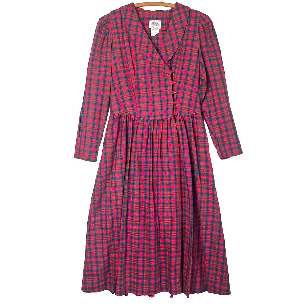 Lanz Originals VTG 60s Tartan Plaid Holiday Dress Cotton‎ Christmas Long Sleeve